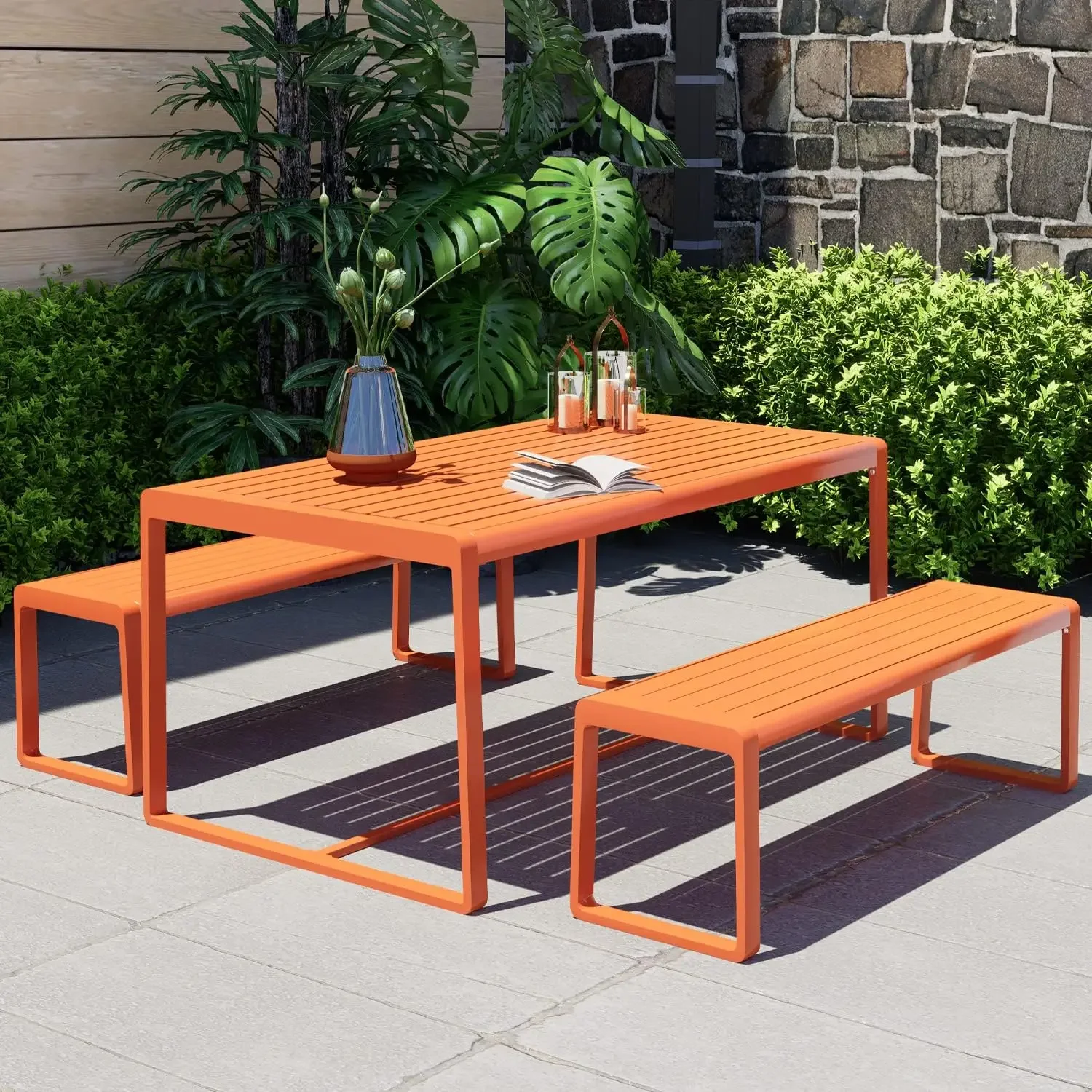 v Juego de mesa de picnic de aluminio de 3 piezas para exteriores, mesa de comedor rectangular para patio con bancos