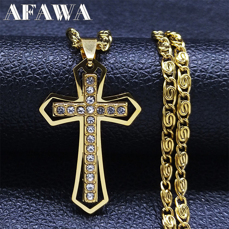 Amuleto de cruz católica, colgante de cristal, collar de cadena para hombre, collares de acero inoxidable de Color dorado, joyería colar masculino N4930S02