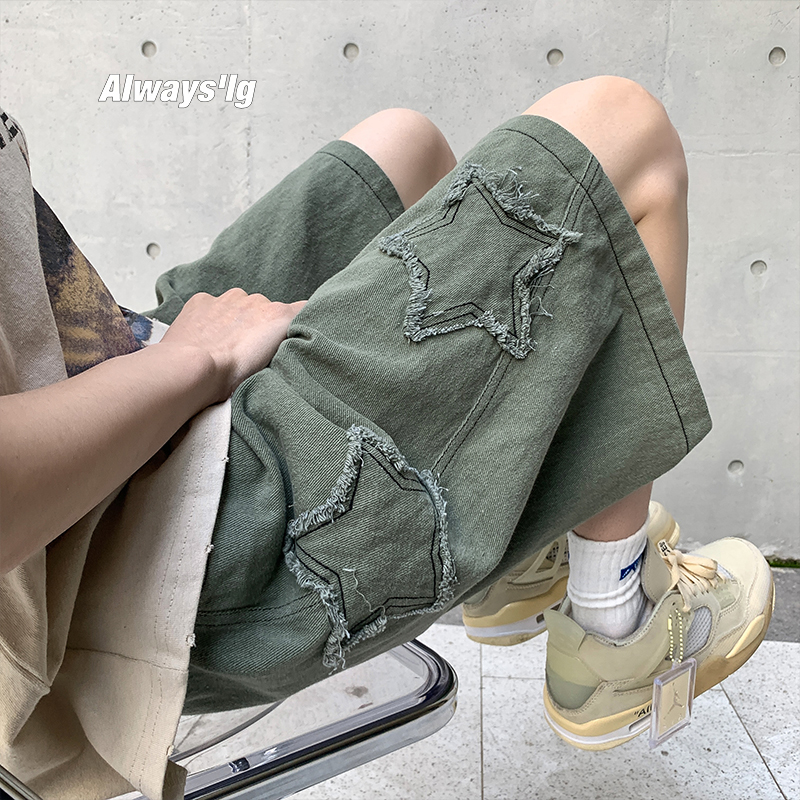 Vintage Estrela Patchwork Shorts Homens Verão All-jogo Venda Quente Ulzzang Lazer Streetwear Chic Denim Calças Curtas Plus Size 5XL