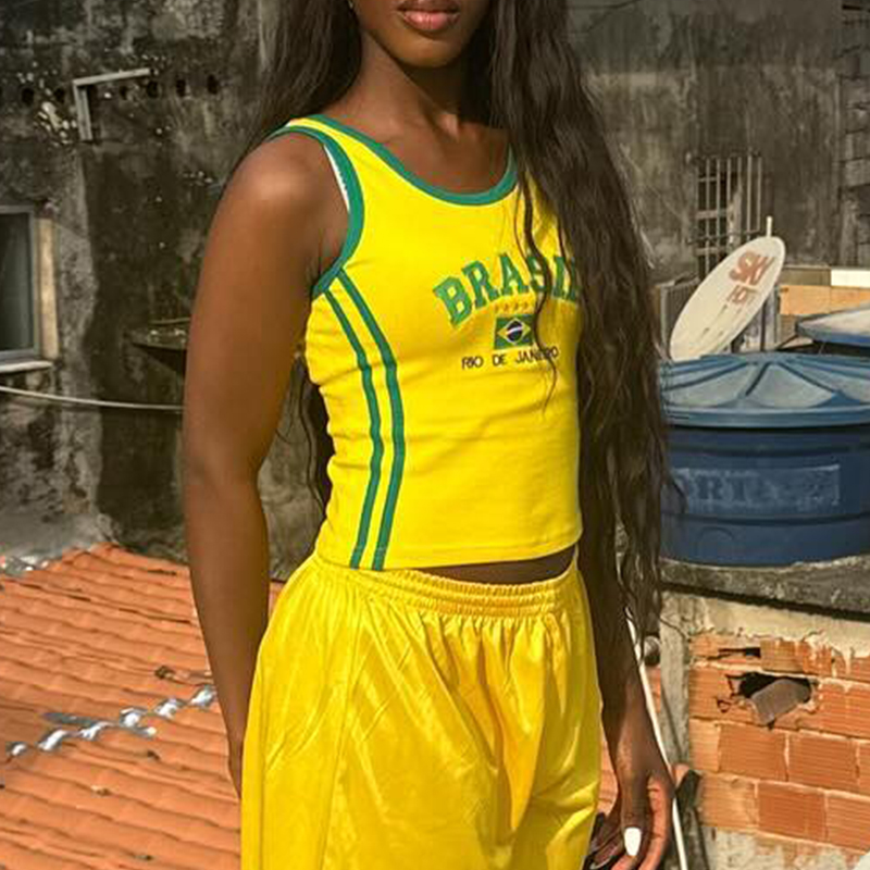 Tops cortos de punto sin mangas Y2k Vintage Brasil estampado cuello redondo chaleco mujer moda de verano 2000 camiseta sin mangas amarilla delgada corsé básico