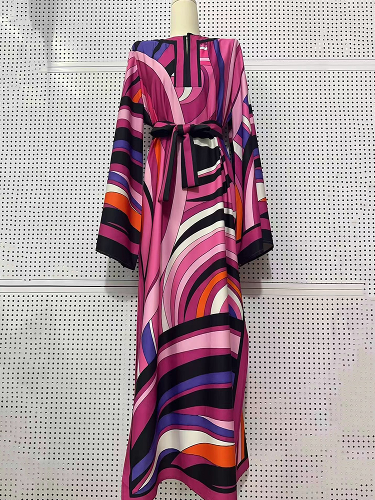 Retro-Pulloverkleid mit geometrischem Positionierungsdruck, Schnürung, halboffenem Kragen für Damenmode, lockere Passform und Schlitzrock