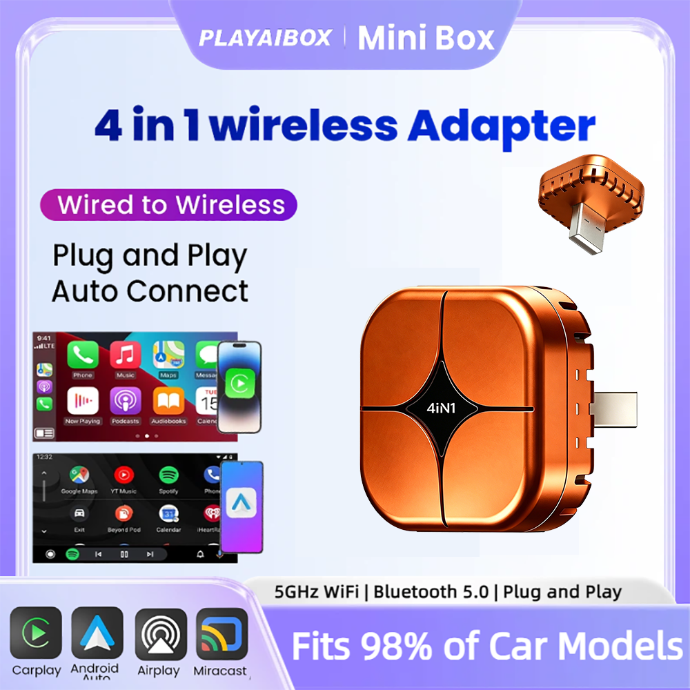 4-in-1 Neuer Upgrade Carplay Adapter Kabelgebunden zu Kabellos Android Auto Mirror Link Smart Mini AI Box USB Plug-and-Play Bluetooth WiFi