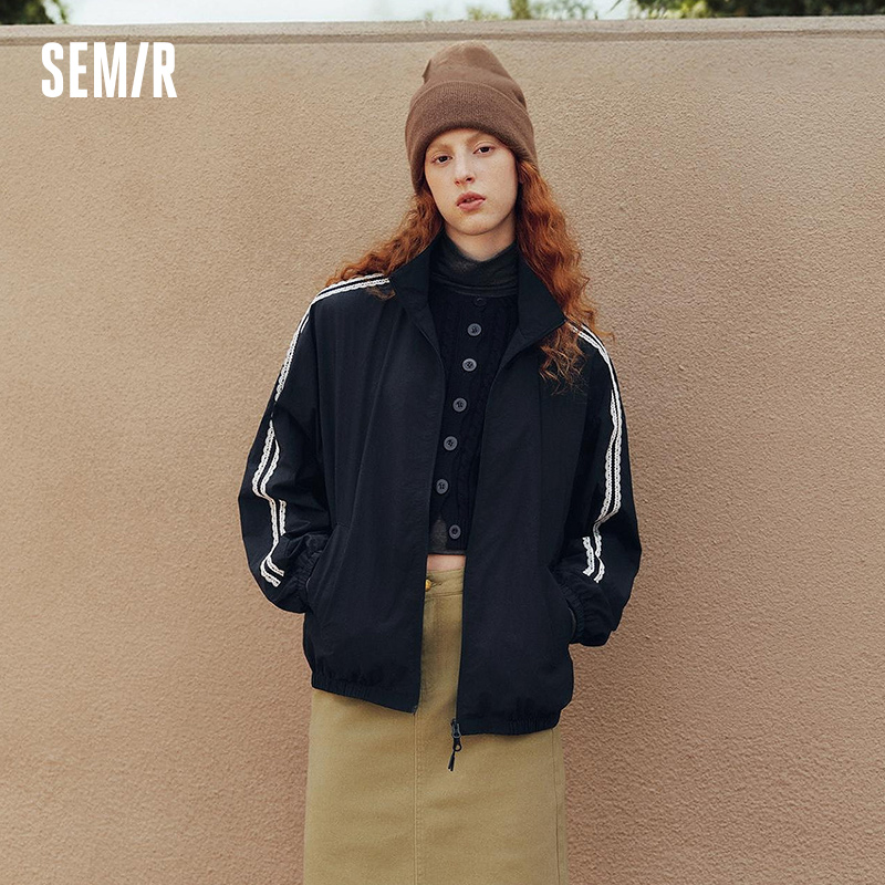 Semir Women Jacket Lace Trim Texture Stand Collar Oversize Sport Style Sweet Cool Autumn Outerwear Daily Wear 2026