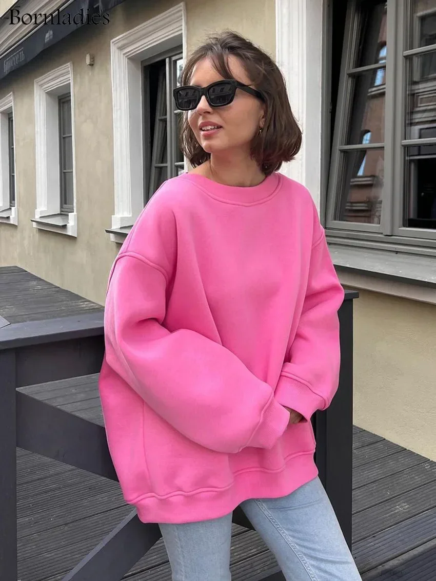 Bornladies sudaderas con capucha y sudaderas de gran tamaño para mujer Otoño Invierno sudadera gruesa de lana cálida ropa de calle para niñas jerséis sueltos