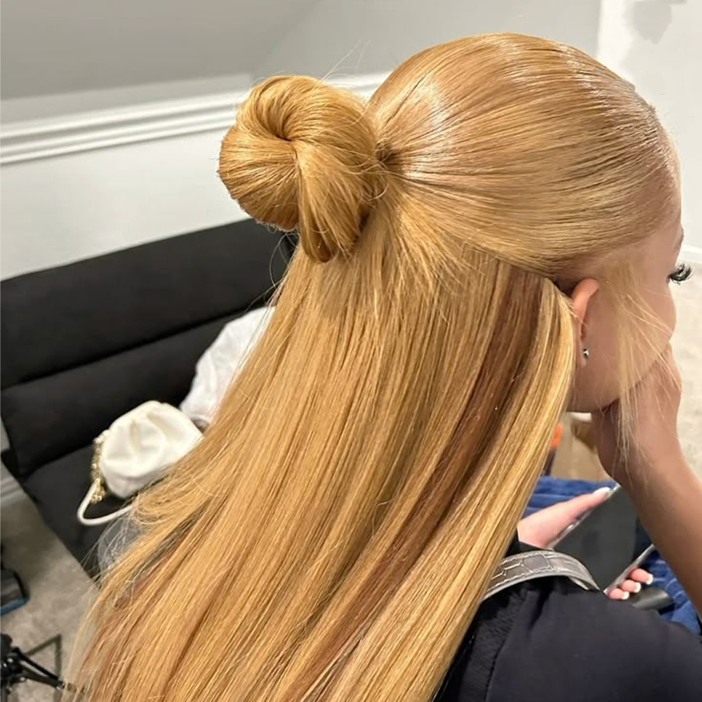 Peruki z ludzkich włosów z siatką HD Lace Front 13X6 # 27 Peruk typu Lace Frontal w kolorze miodowego blondu, wietnamskie proste peruki z transparentną koronką 13x4 dla kobiet