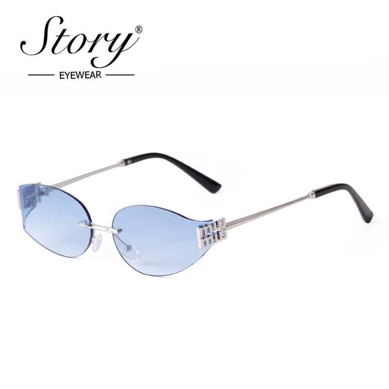 STORY Trend Y2K bezramowe owalne okulary przeciwsłoneczne damskie męskie marka projektant moda srebrna ramka gradientowe niebieskie okulary przeciwsłoneczne bez oprawek S8065A