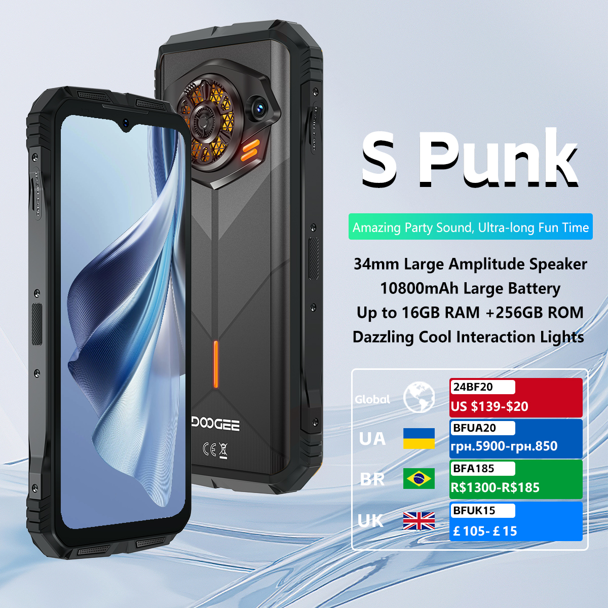 DOOGEE S Punk Robusto Telefone LED Efeito de Luz 6.58 "90Hz Display 6GB + 256GB 34mm Grande Amplitude Speake Android 14