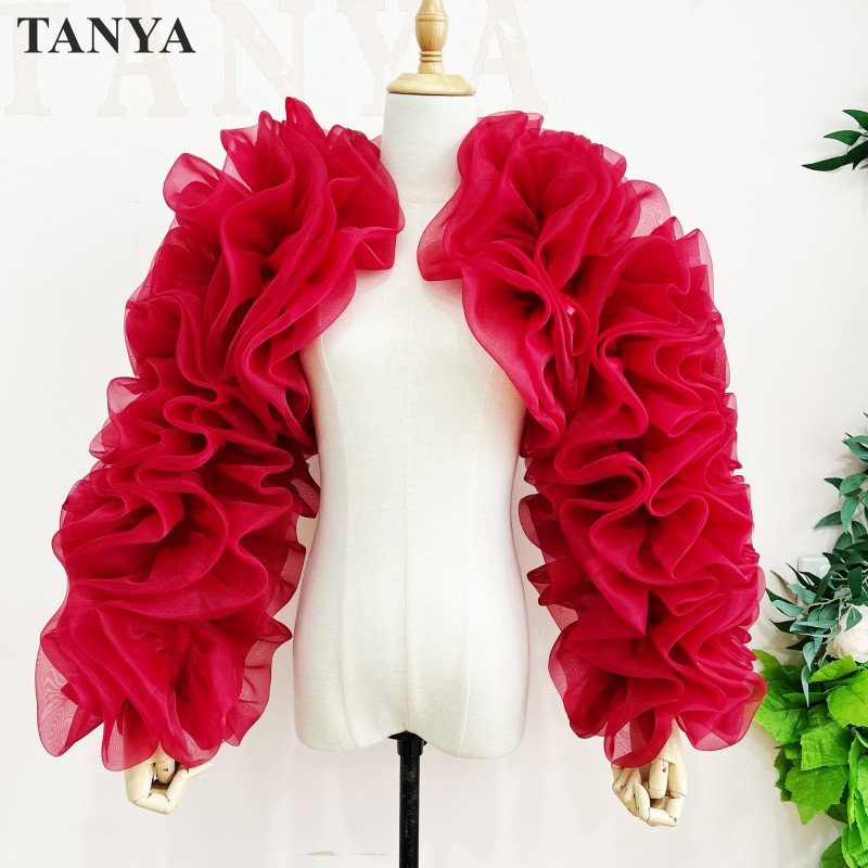 พัฟสีดําTulleเสื้อแขนยาวหญิงยุ้ยBolero Coat Darkสีแดงการจับคู่ชุดราตรีผู้หญิงอย่างเป็นทางการElegant Wrap