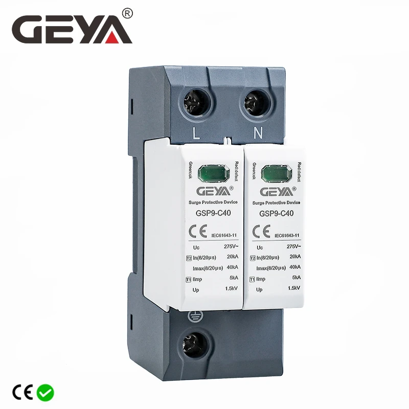 จัดส่งฟรี GEYA GSP9 2เสาป้องกันไฟกระชาก220V Din Rail SPD AC275V AC385V 400V 440V 20KA-40KA SPD House Surge Protector 1P + N