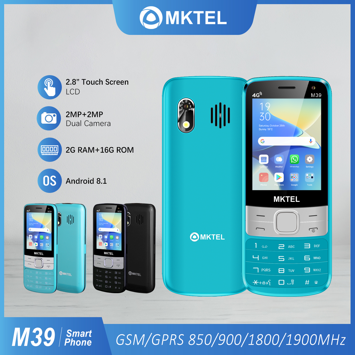 MKTEL M39 teléfono móvil 4G Android 8,1 ranura Dual SIM 2,8 "pantalla grande MTK6737 2GB RAM 16GB ROM MP3/MP4/FM Radio/Bluetooth/GPRS