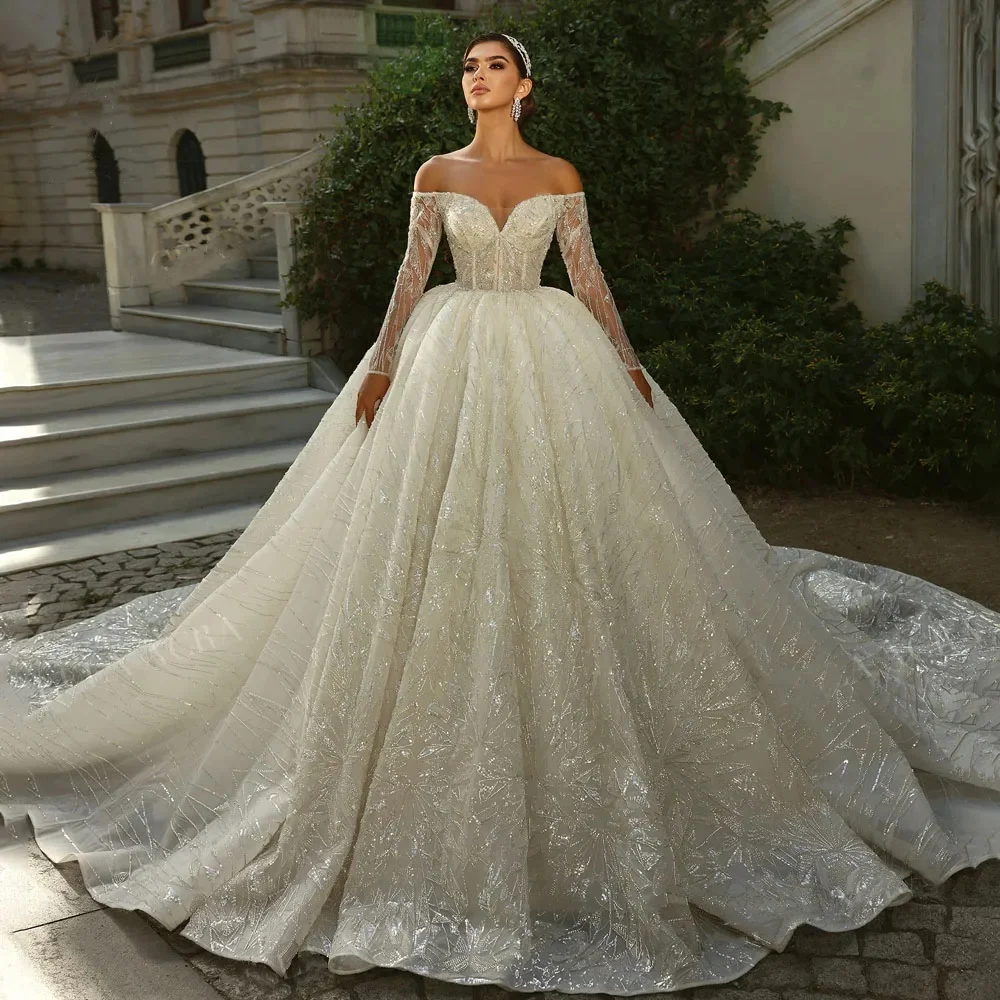 Personalizado requintado vestidos de baile de casamento lantejoulas miçangas renda vestido de noiva fora do ombro mangas compridas trem novia
