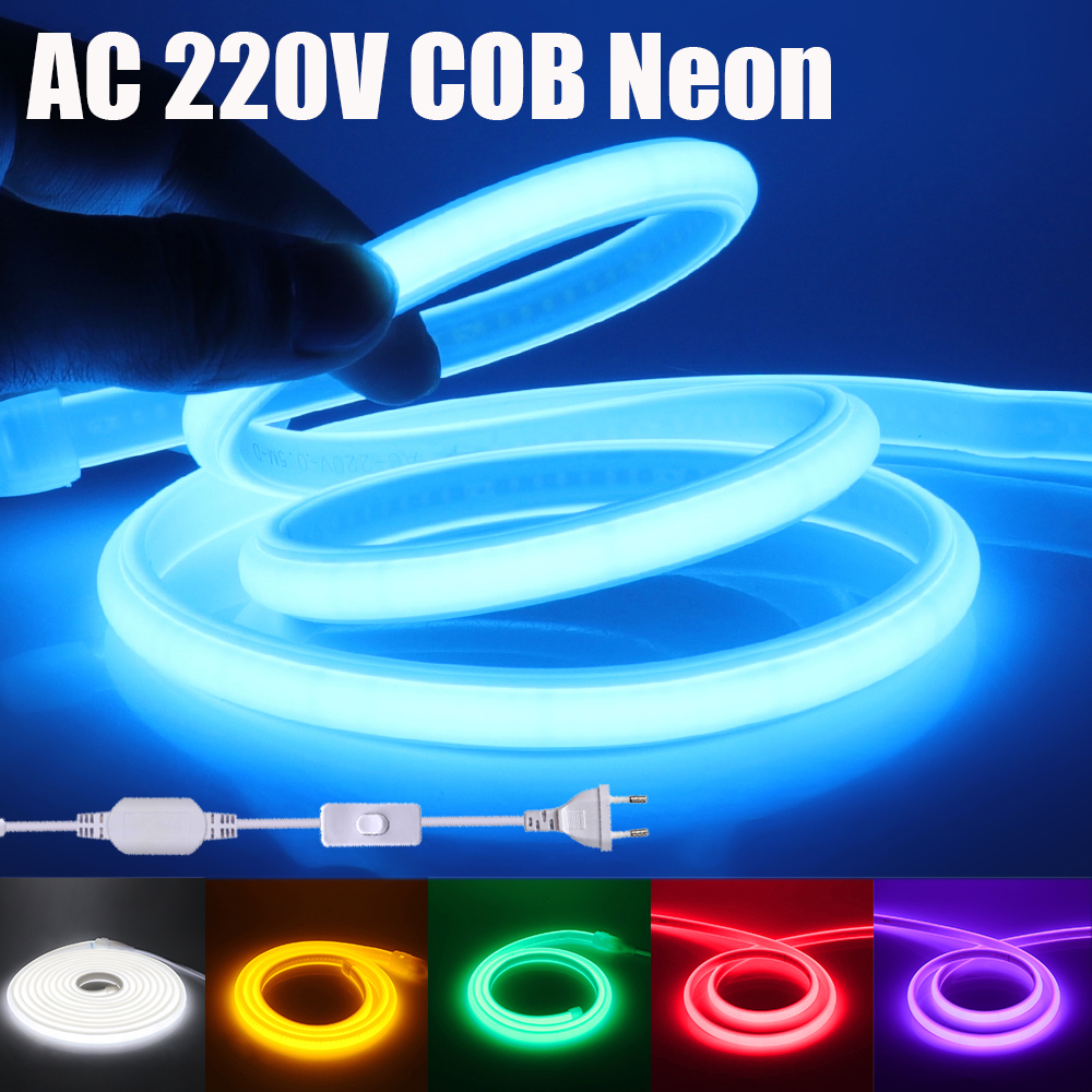 Luz de neón COB AC 220V 288Leds/M blanco rojo hielo azul rosa amarillo púrpura verde alto brillo CRI RA90 cinta impermeable tira de LED