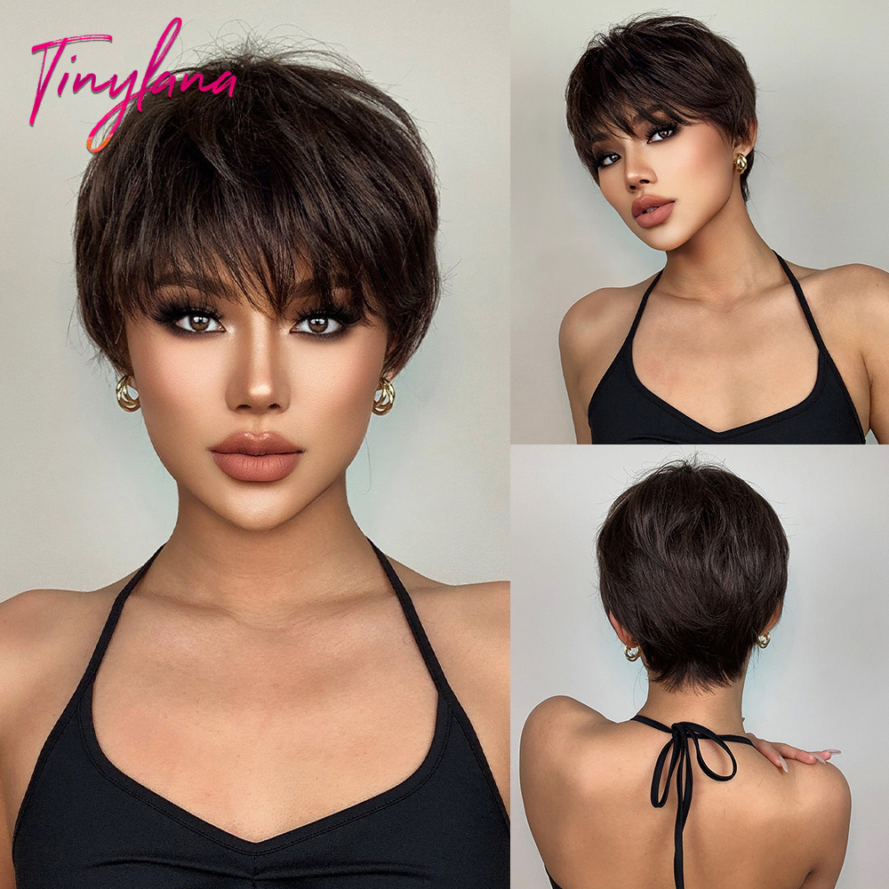 Pelucas sintéticas cortas de corte Pixie de color marrón oscuro, peluca de capas rectas naturales con flequillo esponjoso para mujeres, cabello resistente al calor para uso diario