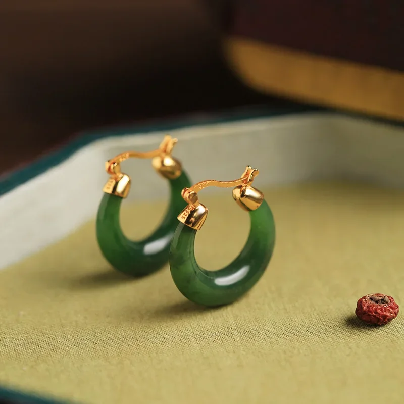 Anting-anting hoop jasper Hetian alami asli desainer untuk wanita hadiah perhiasan pesta makan malam pesona kuno segar berkualitas tinggi