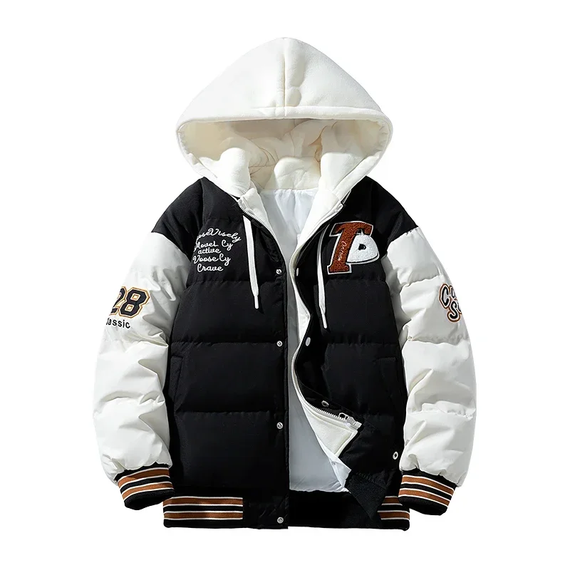 2024 inverno jaqueta masculina japonês harajuku falso 2 pice engrossado para baixo algodão acolchoado casaco elegante estudante quente parka de beisebol