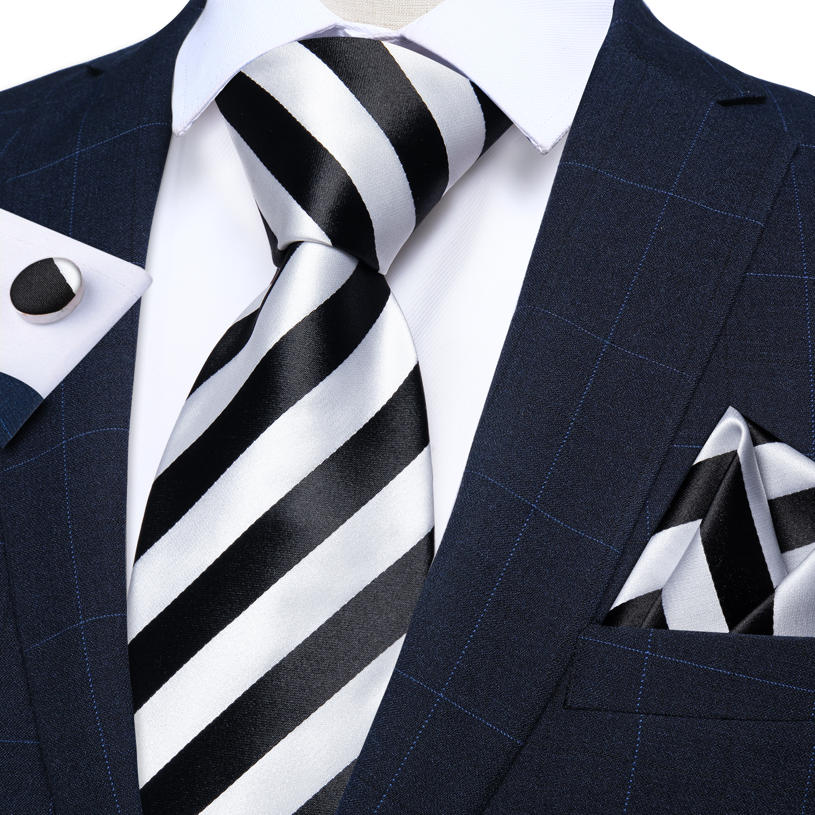 Corbatas a Rayas Blancas y Negras con Diseño de Zebra para Hombre, 8 cm, para Negocios, Bodas, con Pañuelo, Gemelos, Accesorios, Regalo, Gravatas para Fiesta