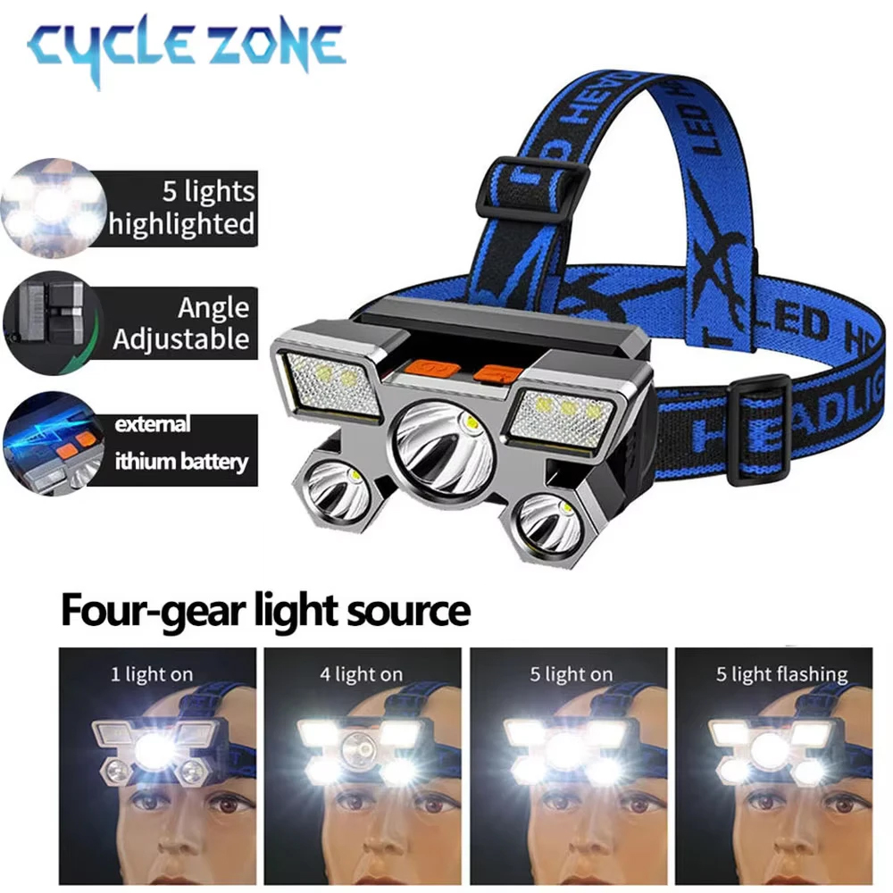 Linterna frontal recargable, linterna portátil de 5 LED con batería integrada, luz de trabajo portátil, luces de cabeza para senderismo, pesca y Camping
