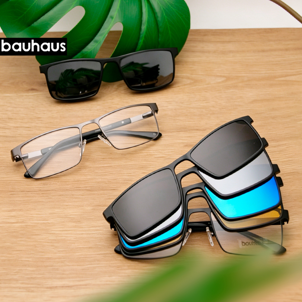 กรอบแว่นตาโลหะ X304 Bauhaus รุ่นใหม่ มัลติฟังก์ชั่น 4 in 1 สำหรับผู้ชาย พร้อมคลิปแม่เหล็กติดแว่นกันแดดสีเข้ม
