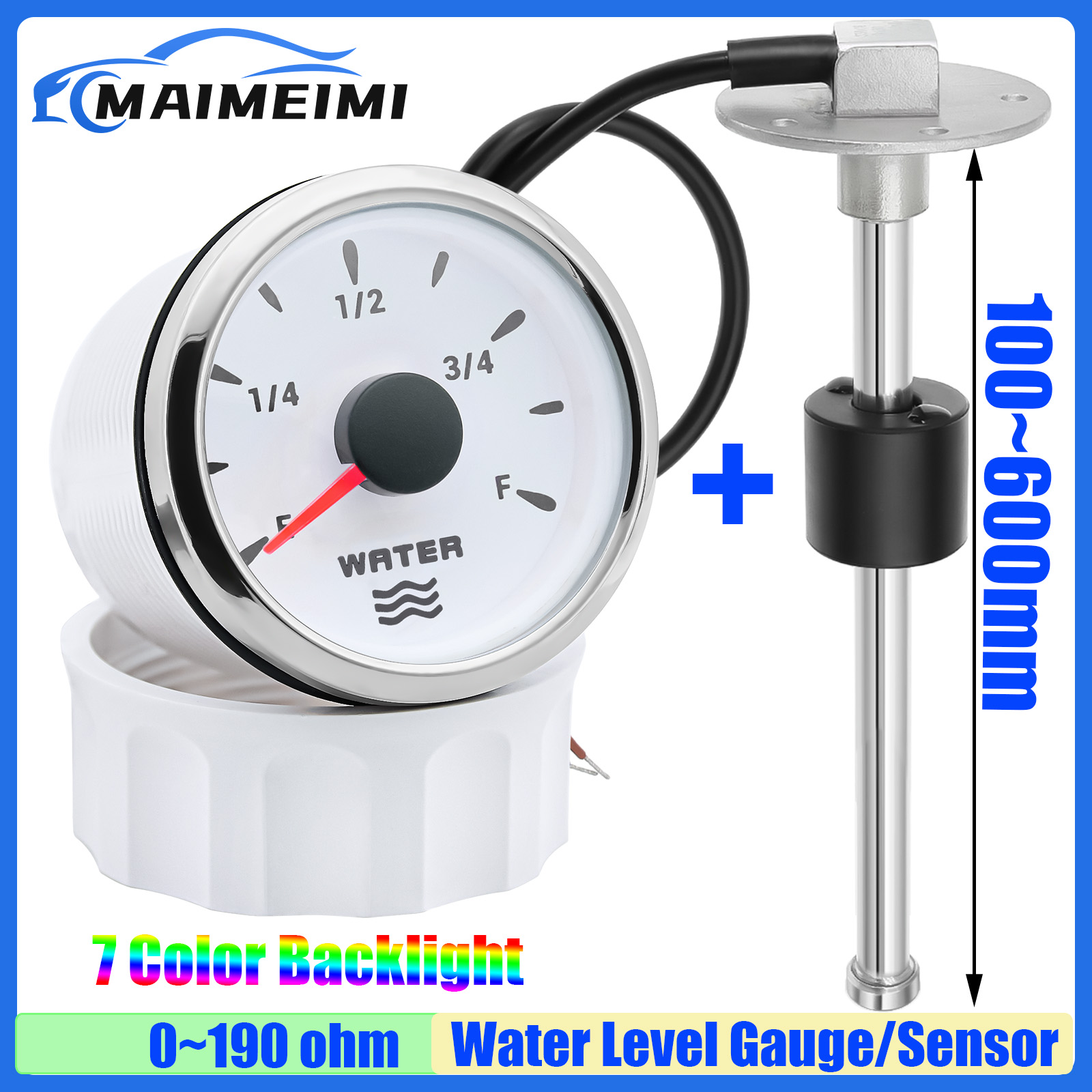 Custom 7 Color Backlight 2"52mm Water Level Gauge+Water Level Sensor 100-600mm 0-190Ohm Water Tank Meter Indicator Auto Car Boat