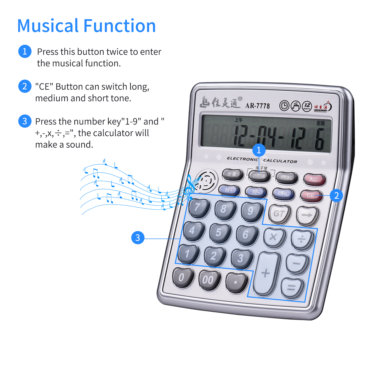 Musical Desktop Calculator 12-Digits LCD Display Electronic Calculator Counter with Music Piano Play Time Date Show Alarm Clock