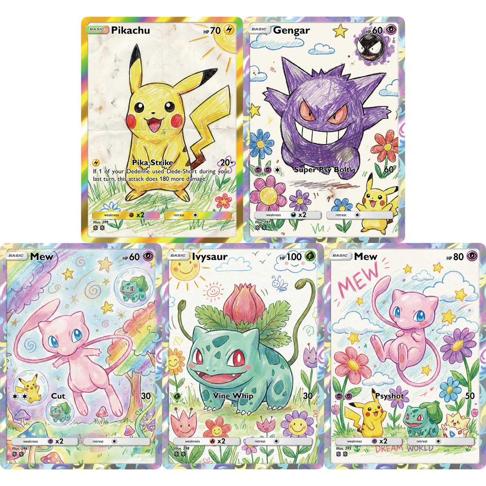 5 Cartas Pokémon Kawaii Fofas Gengar Mew Bulbasaur Estilo Desenho Infantil PTCG Cartas Criativas de Jogo Pokémon Presente para Fãs