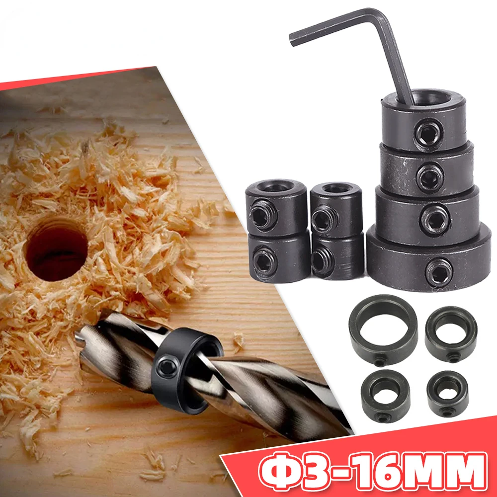 8pcs Woodworking Drill Locator 3-16mm Shaft Depth Collars Ring Positioner Drill for Wood Drill Bit Hexagon Wrench Bit Tool