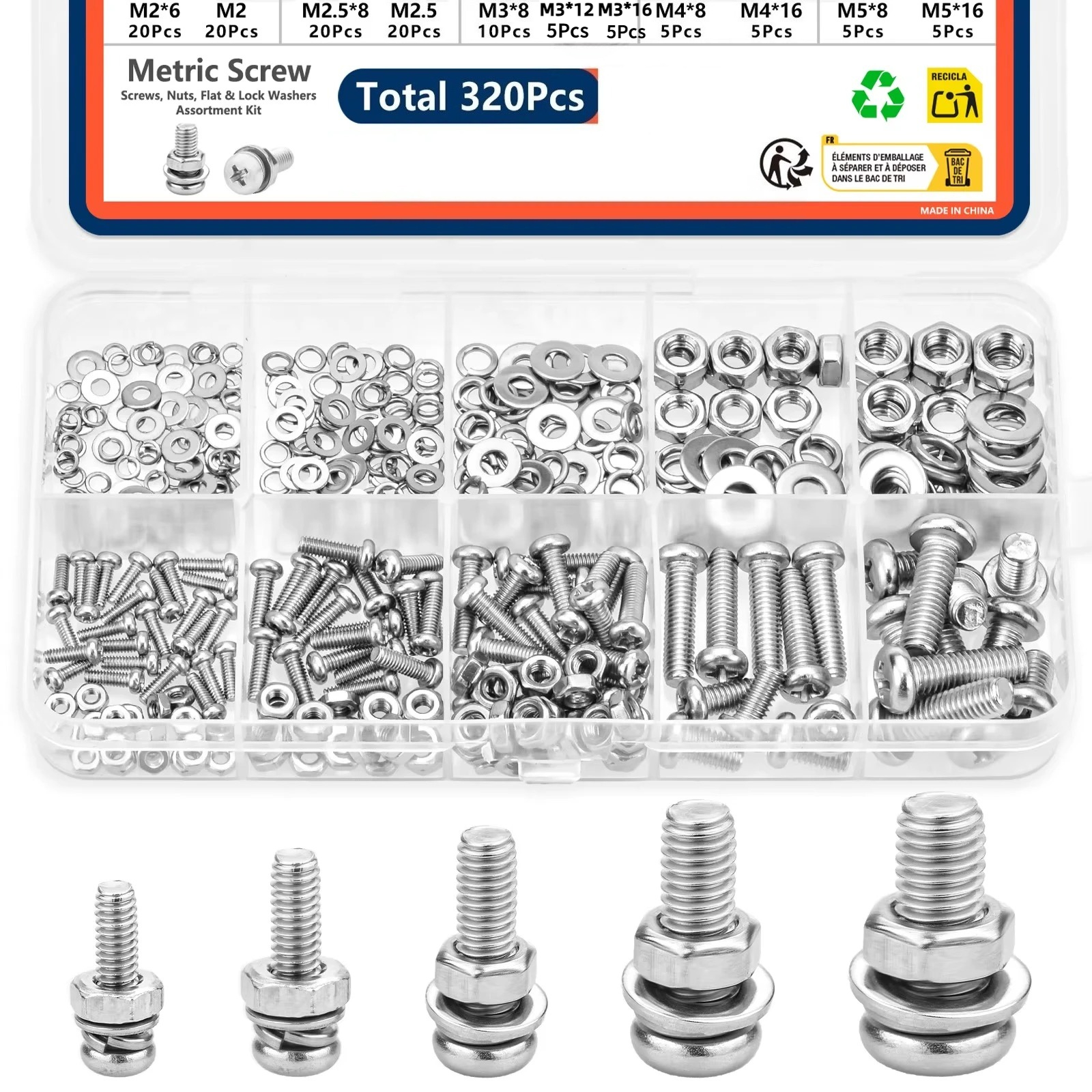 320-teiliges Sortiment an Schrauben, Muttern und Unterlegscheiben, metrisches Hardware-Set M2-M5 für Heimwerker, Reparaturen und industrielle Anwendungen