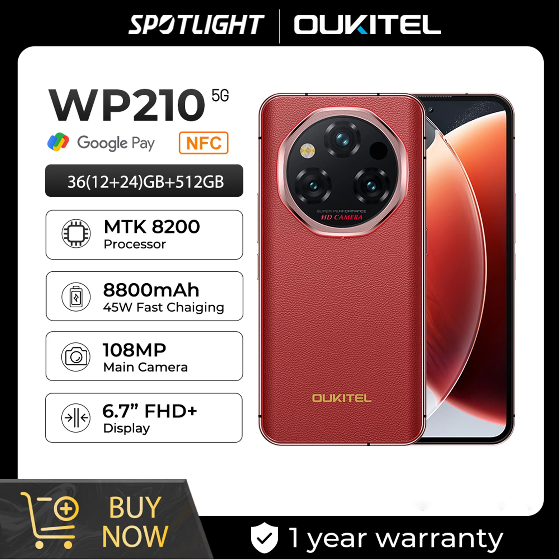 【Мировая премьера】 Надежный телефон OUKITEL WP210 - MTK 8200, 36 ГБ 512 ГБ, 8800 мАч 45 Вт, 6,7", 108 Мп, NFC, Android 15, смартфон WIFI / 5G
