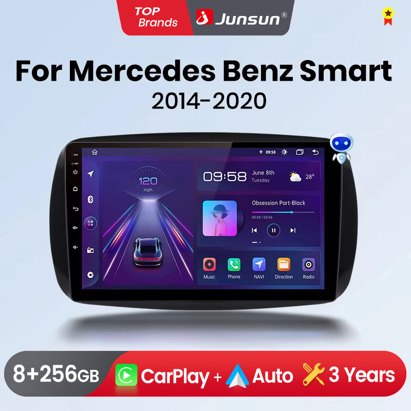 Rádio Automotivo Junsun com CarPlay Sem Fio e Android Auto para Mercedes Benz Smart 453 Fortwo 2014-2020, Estéreo Multimídia 2 DIN com Ventilador de Resfriamento Integrado, Navegação GPS, SWC, Bluetooth, FM, RDS, DSP, Tela IPS, Sistemas Inteligentes para 