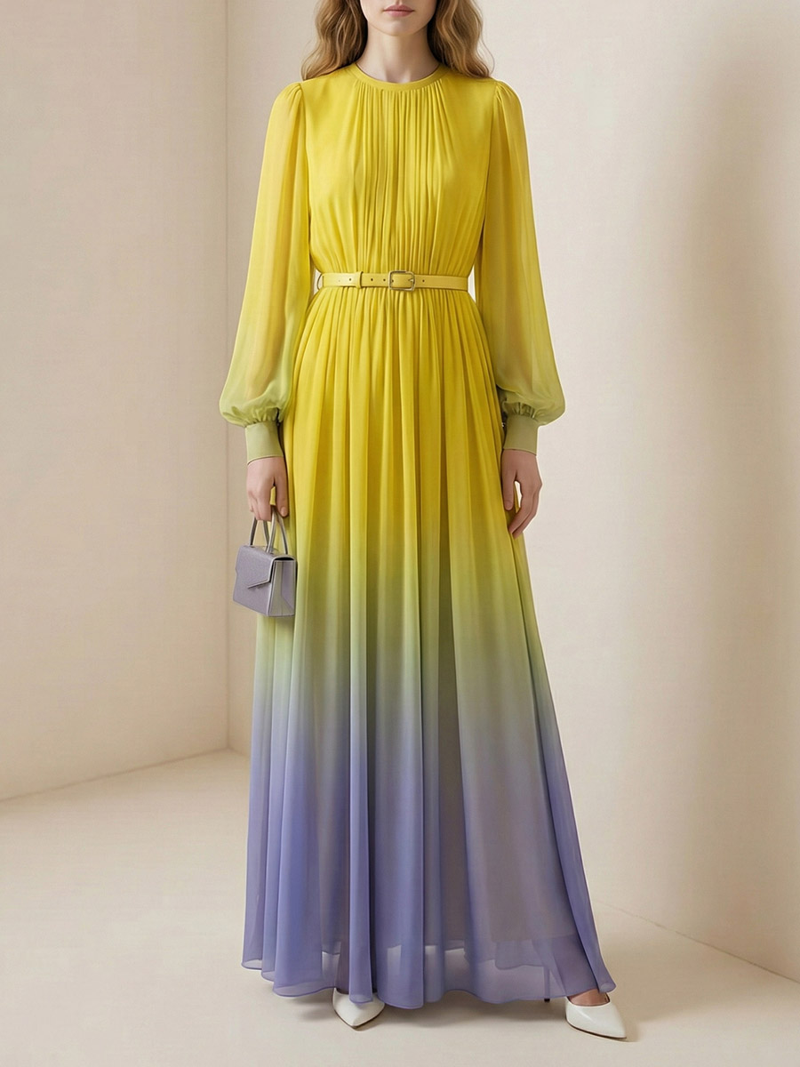 Freeacy 2026 Maxi-jurk voor dames, geel-paars, gradiënt, ronde hals, lange mouwen, tailleriem, geplooide chiffonjurk, vakantiejurken