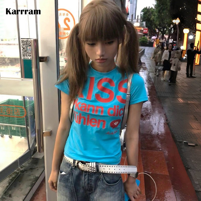 Karrram Японская футболка с буквенным принтом Y2k Trashy 2000-х Стиль Укороченный топ Винтаж Harajuku Футболка с короткими рукавами Американский ретро 90-х годов