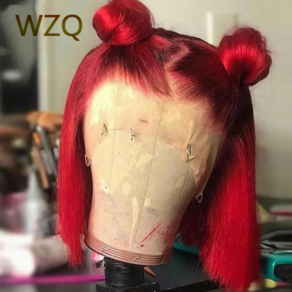 Brazilian Colored Human Hair Wig Red Straight Short Bob 180 Density Transparent 13x4 Lace Frontal Wigs High Quality For Women