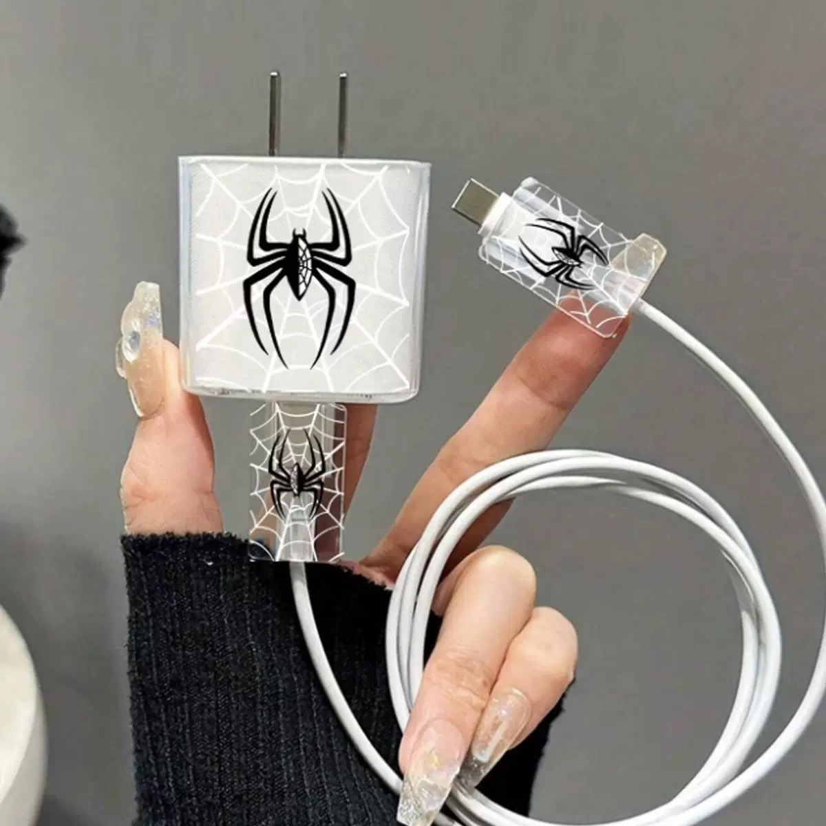 Juego de 3 piezas de funda de araña para cargador para Apple IPhone 18W 20W, enrollador de Cable de datos transparente, protectores de Cable, protección a prueba de roturas
