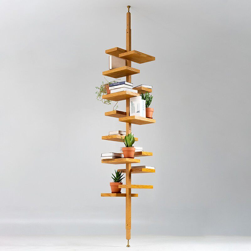 Square tray rotatable shelf Mid-style telescopic floor-to-ceiling bookshelf multi-functional solid wood