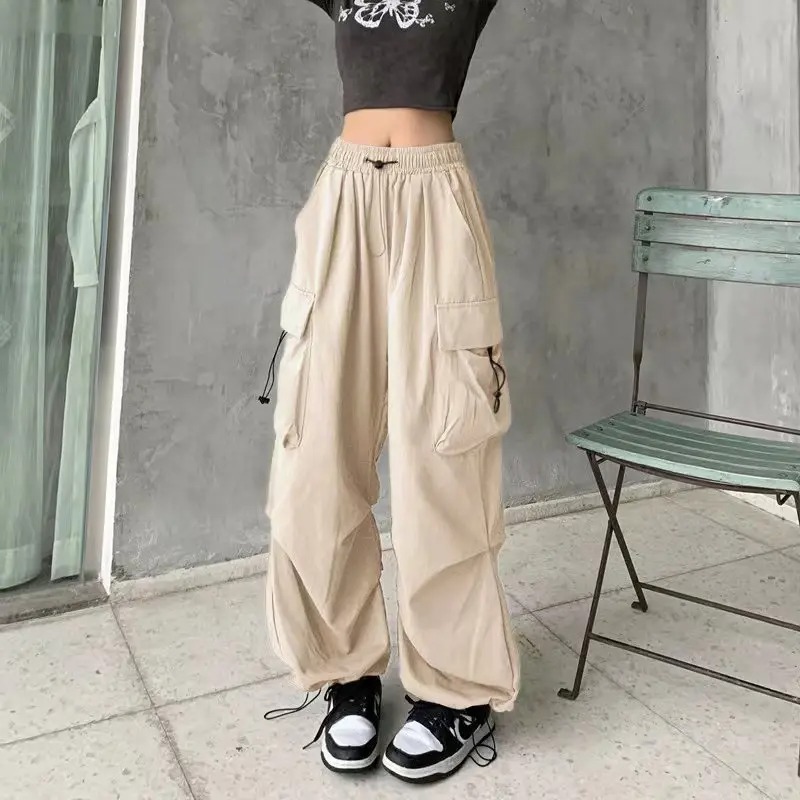 Pantalones de herramientas retro americanos, pantalones de pie de haz recto drapeados para mujer, pantalones de pierna ancha holgados ins de verano