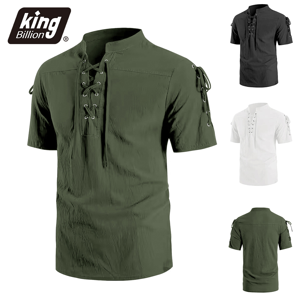 เสื้อเชิ้ตแขนสั้นสไตล์วินเทจสำหรับผู้ชาย สไตล์เรเนซองส์ ลายโจรสลัด ดีไซน์ผูกเชือก ผ้าฝ้ายลินิน น้ำหนักเบา คอตั้ง ชุดโกธิค