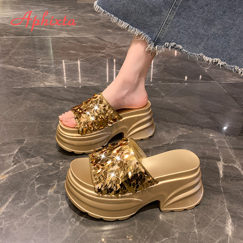 Aphixta แพลตฟอร์ม Sequined ผ้ารองเท้าแตะรองเท้าแตะผู้หญิง 8 ซม.Wedge สไลด์รองเท้าผู้หญิง Gold Beach รองเท้าสไลด์