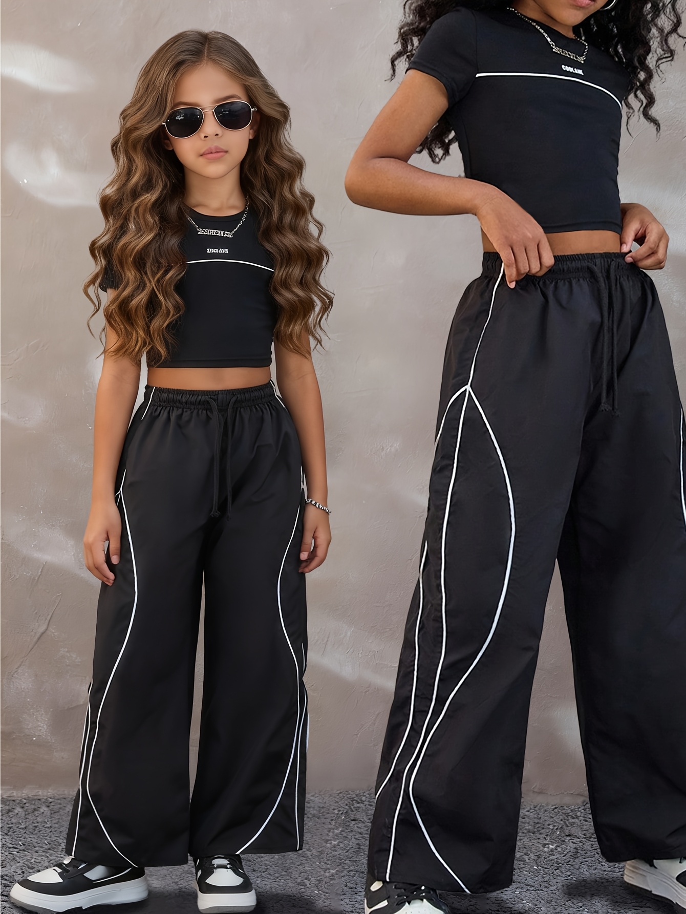 Conjunto Casual de Verano para Adolescentes: Camiseta Negra + Pantalones Anchos con Bloques de Color, Conjunto de Dos Piezas, Elegante y a la Moda, Apto para Niñas de 5 a 13 Años, Versátil para el Hogar, el Tiempo Libr