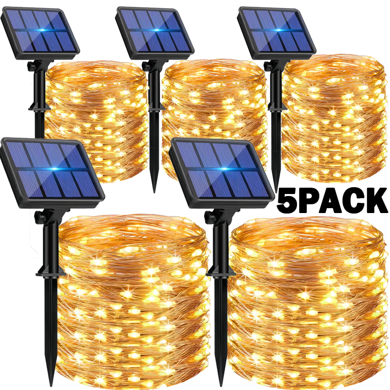 1 2 3 4 5 Paquets de lumières solaires LED féériques pour l'extérieur, lumières de Noël, 8 modes, lumières en fil de cuivre, étanches, décoration de jardin, d'arbre, de patio
