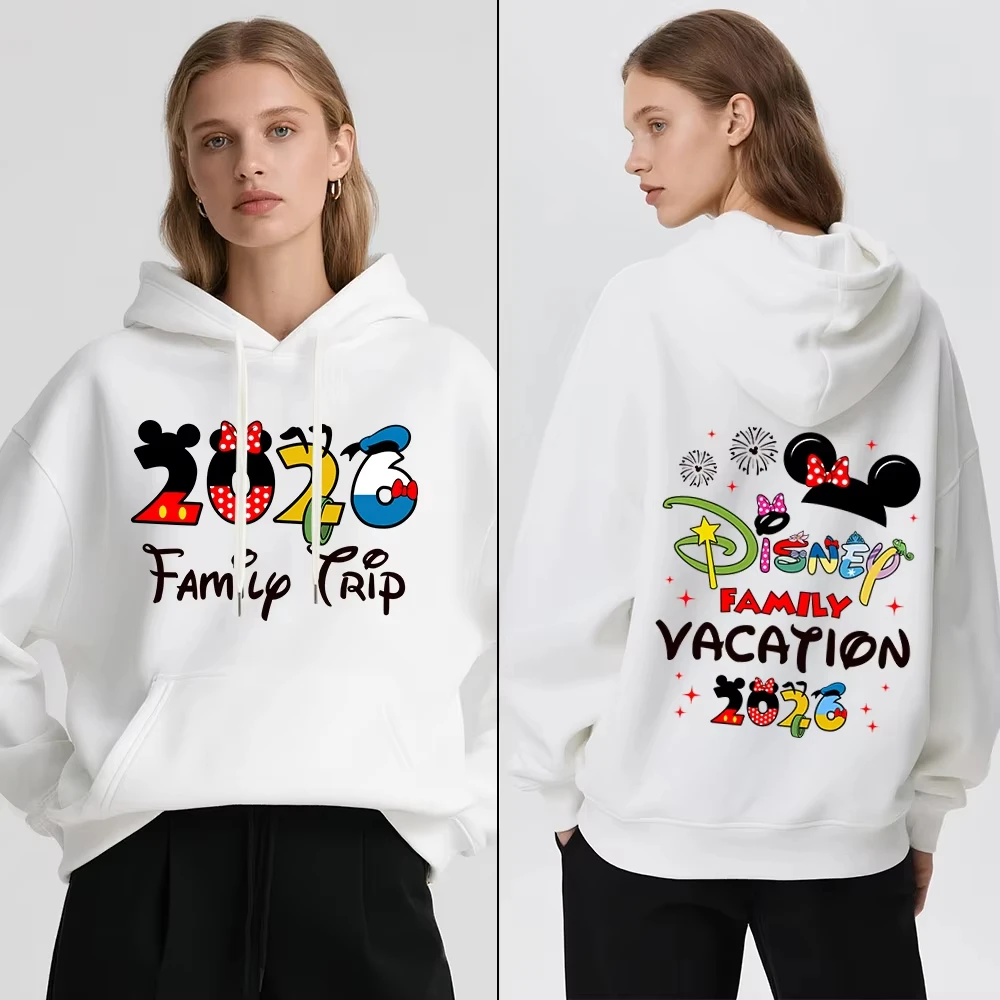 Moletom Adulto com Estampa Temática de Férias em Família Disney 2026, Forrado com Fleece, Quente para o Inverno, Pullover Macio e Confortável, Jaqueta Casual para o Outono