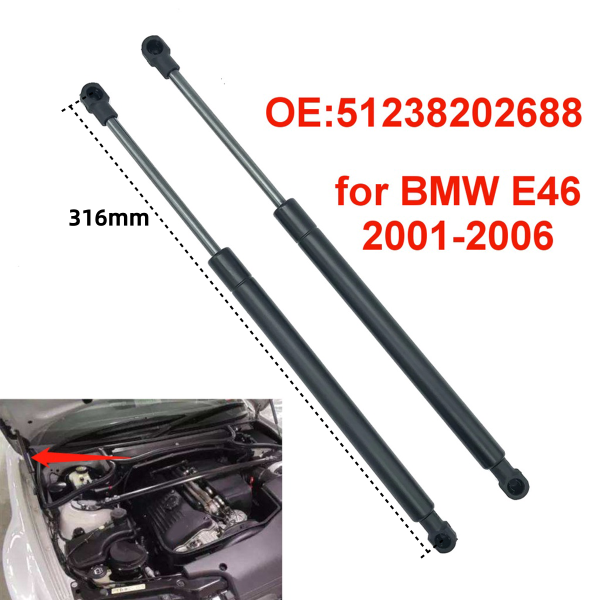 2 piezas 51238202688   Barra de soporte de elevación de puntales de Gas para capó de motor delantero de coche para BMW Serie 3 E46 M3 2001-2006