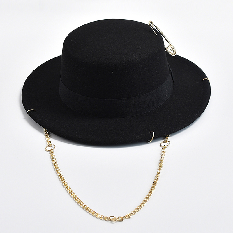 Nova moda desige chapéu fedora para mulheres homens corrente de metal decoração jazz chapéu festa igreja bonés