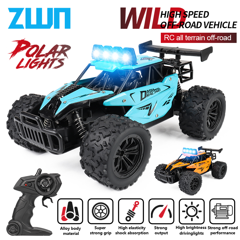 Zwn 1:16 20 km/h carro rc com luz led 2.4g de alta velocidade fora de estrada escalada 2wd carro de controle remoto brinquedo presentes para meninos meninas crianças