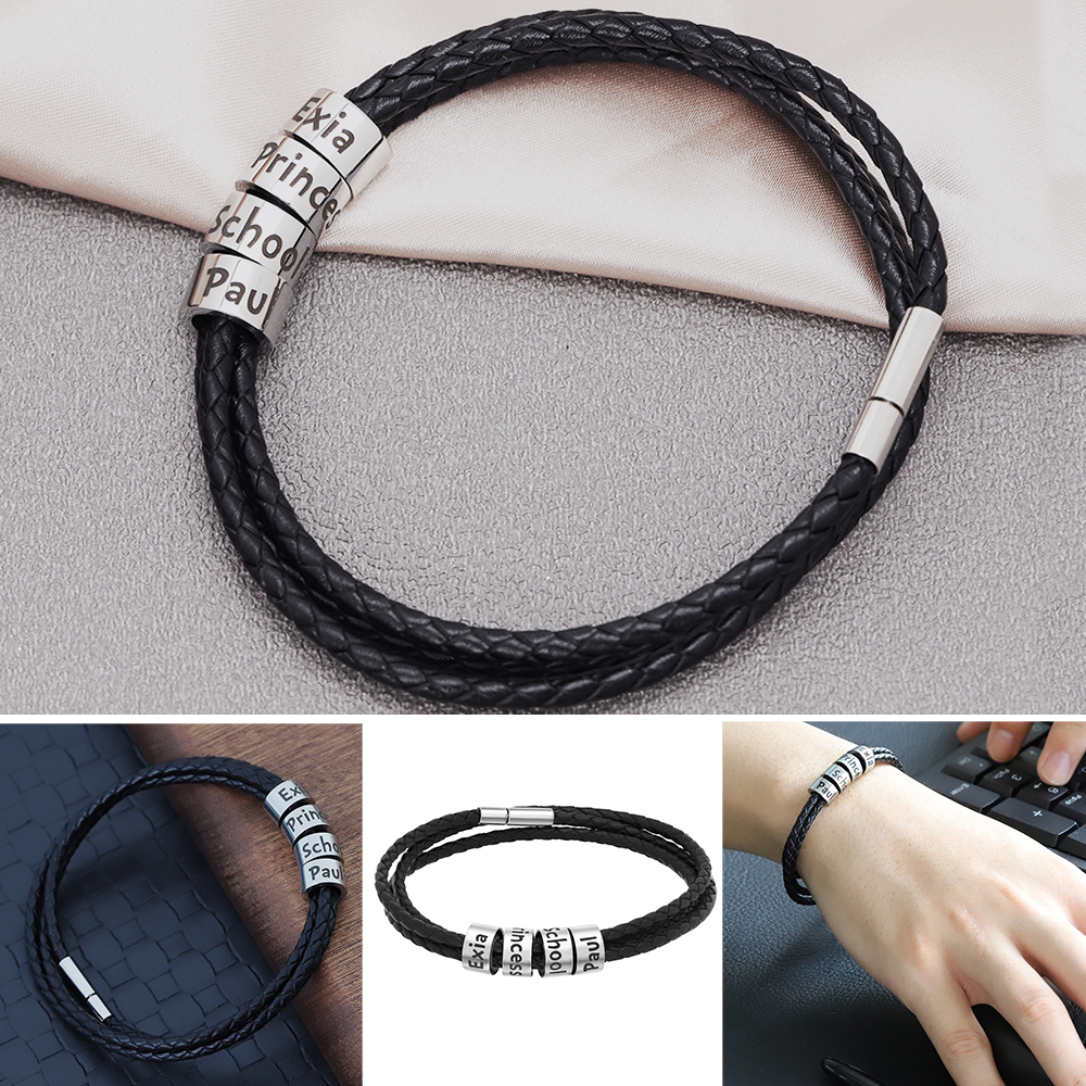 ผู้ชายส่วนบุคคลชื่อครอบครัว Braid สร้อยข้อมือหนังที่กําหนดเองชื่อลูกปัดหนังกําไลข้อมือของขวัญแฟชั่นสําหรับเขาของขวัญวันพ่อ