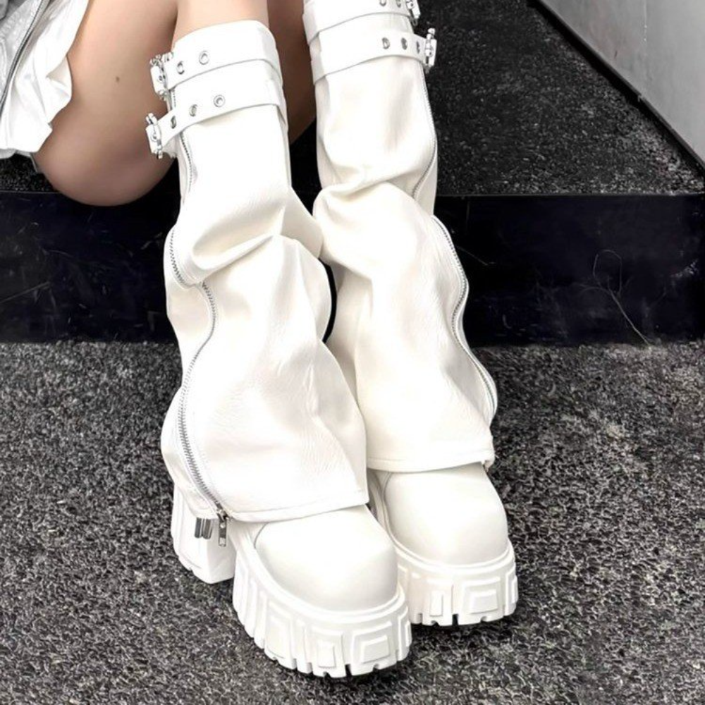 Women's White Detachable Platform Combat Boots, Punk Style Slouchy Knee High Shoes, Comfortable Footwear for Street Style