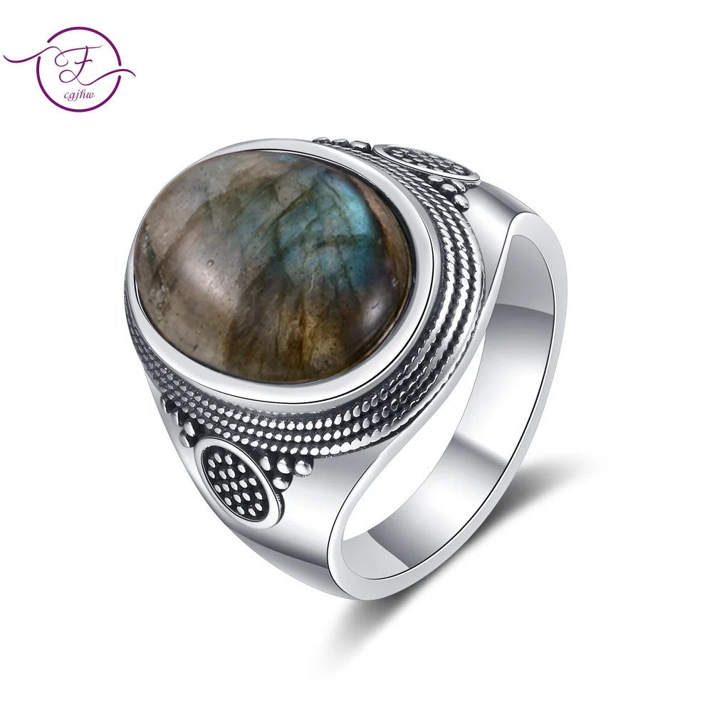 Bague Labradorite naturelle Vintage pour femmes et hommes, ovale, grand œil de tigre, plaqué argent S925, bijoux Boho, cadeau FCGJHW, 10x14MM