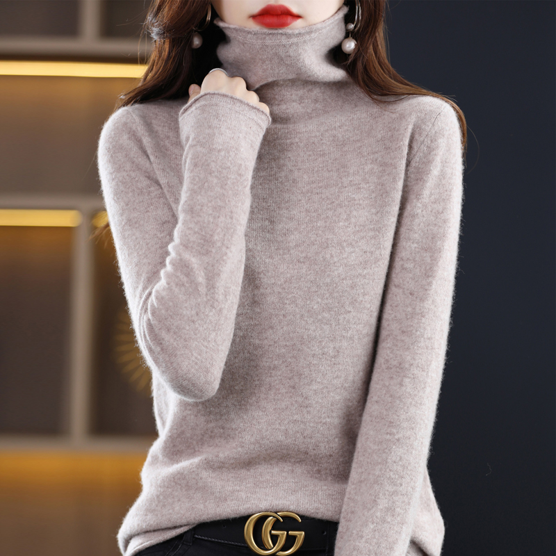 Suéter de lana merina de 100% para mujer, jersey con cuello de pila a la moda para otoño e invierno, suéter de cachemira, Tops informales de punto de manga larga