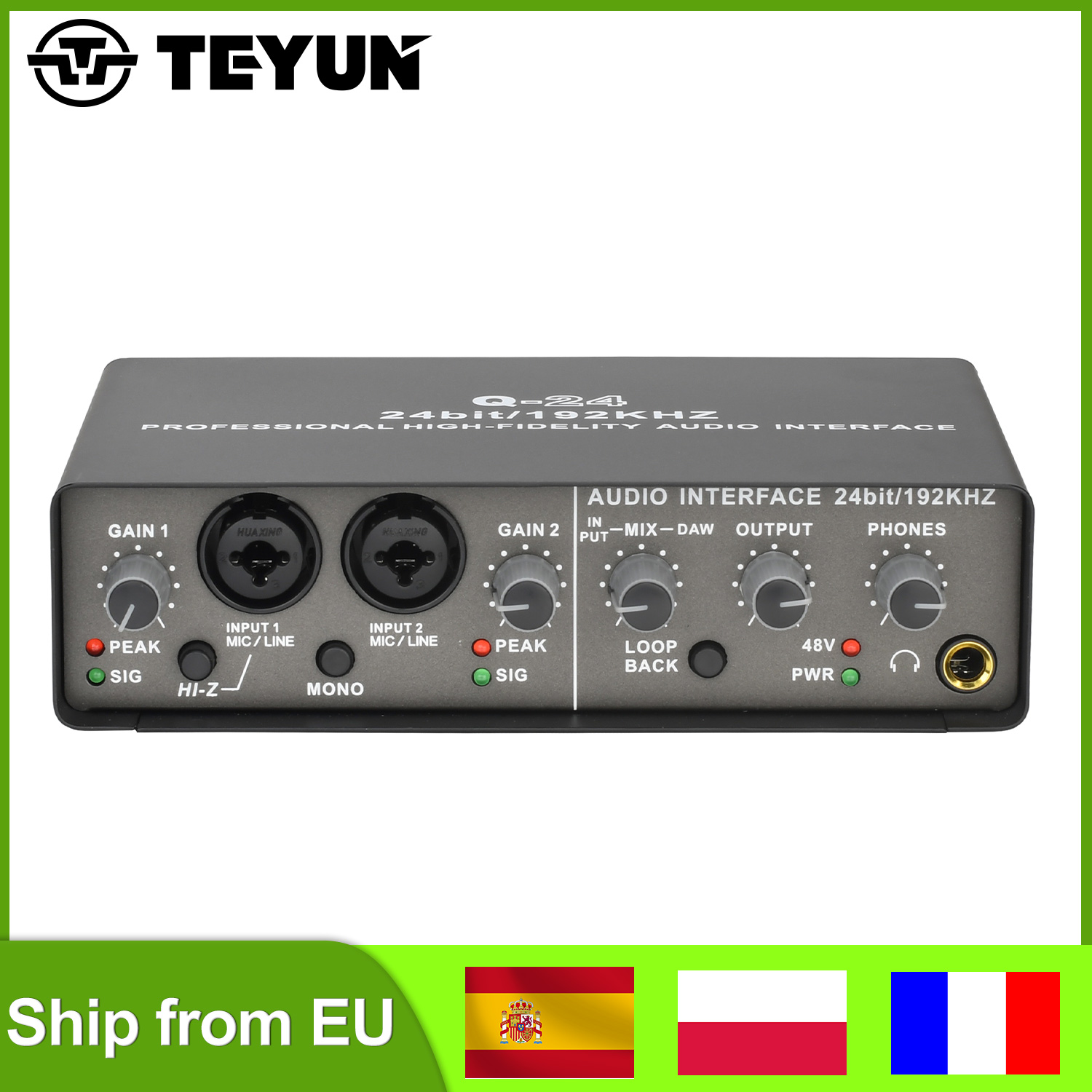 TEYUN-Interface De Áudio Para Guitarra Elétrica, Monitoramento De Placa De Som, Extrator De Gravação Ao Vivo, Estúdio De Canto, 2 Canais, 24bit, Q24