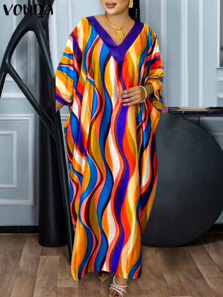 Vestido bohemio de talla grande VONDA 2024 para mujer, vestido veraniego largo Maxi de satén estampado con cuello en V, manga de murciélago, Vestidos informales sueltos para fiesta