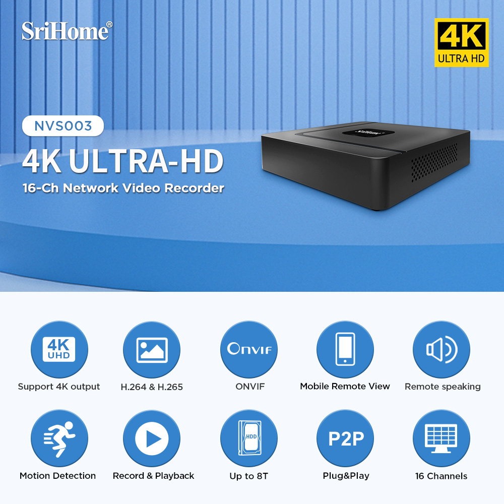 Srihome NVS003 16CH 4K UHD NVR H.265 Сетевой видеорегистратор Безопасность Защита Наблюдение 8T HDD CCTV Wi-Fi IP Cam System